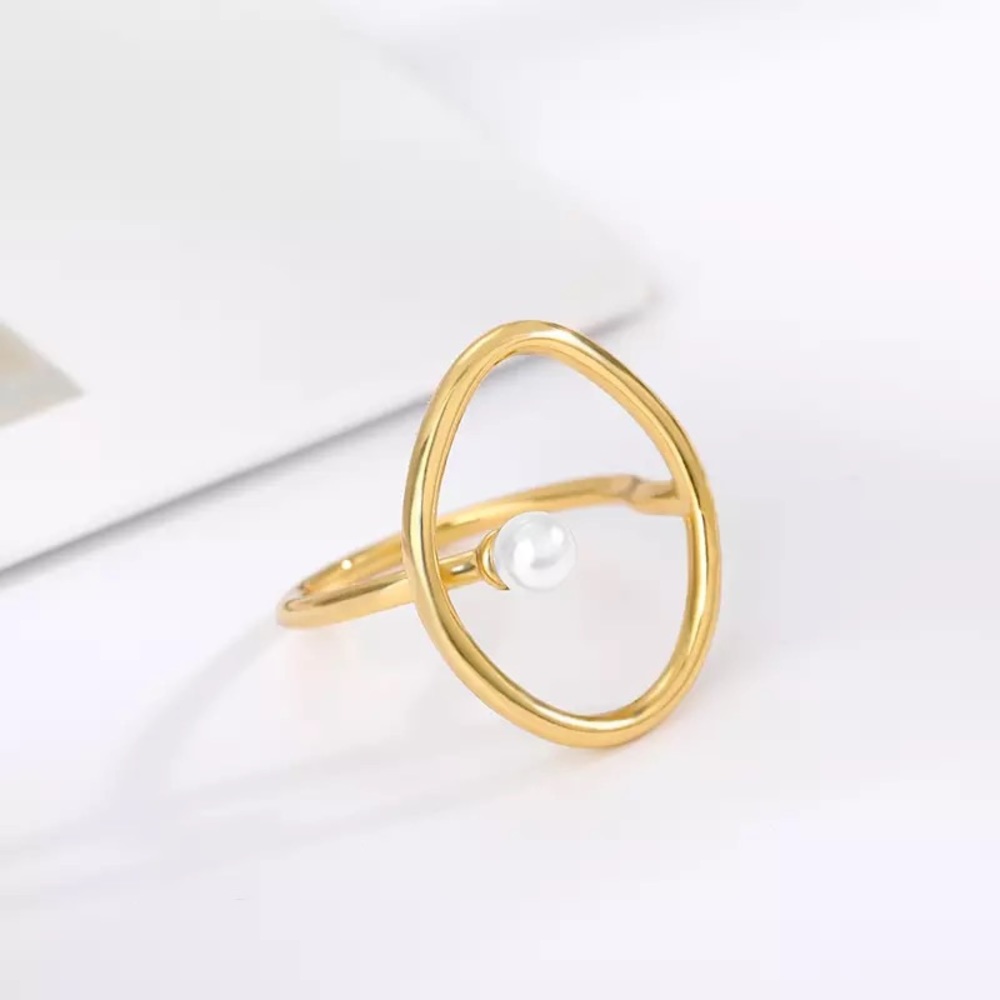 Korean Vintage Geometric Round Pearl Gold Open Ring - Picture 5 of 8